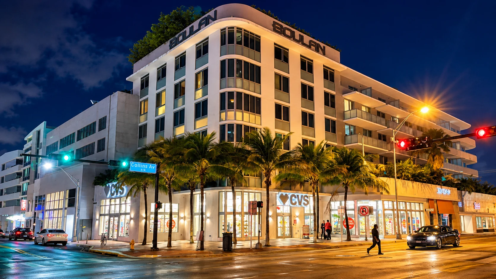 Collins Avenue retail property at night