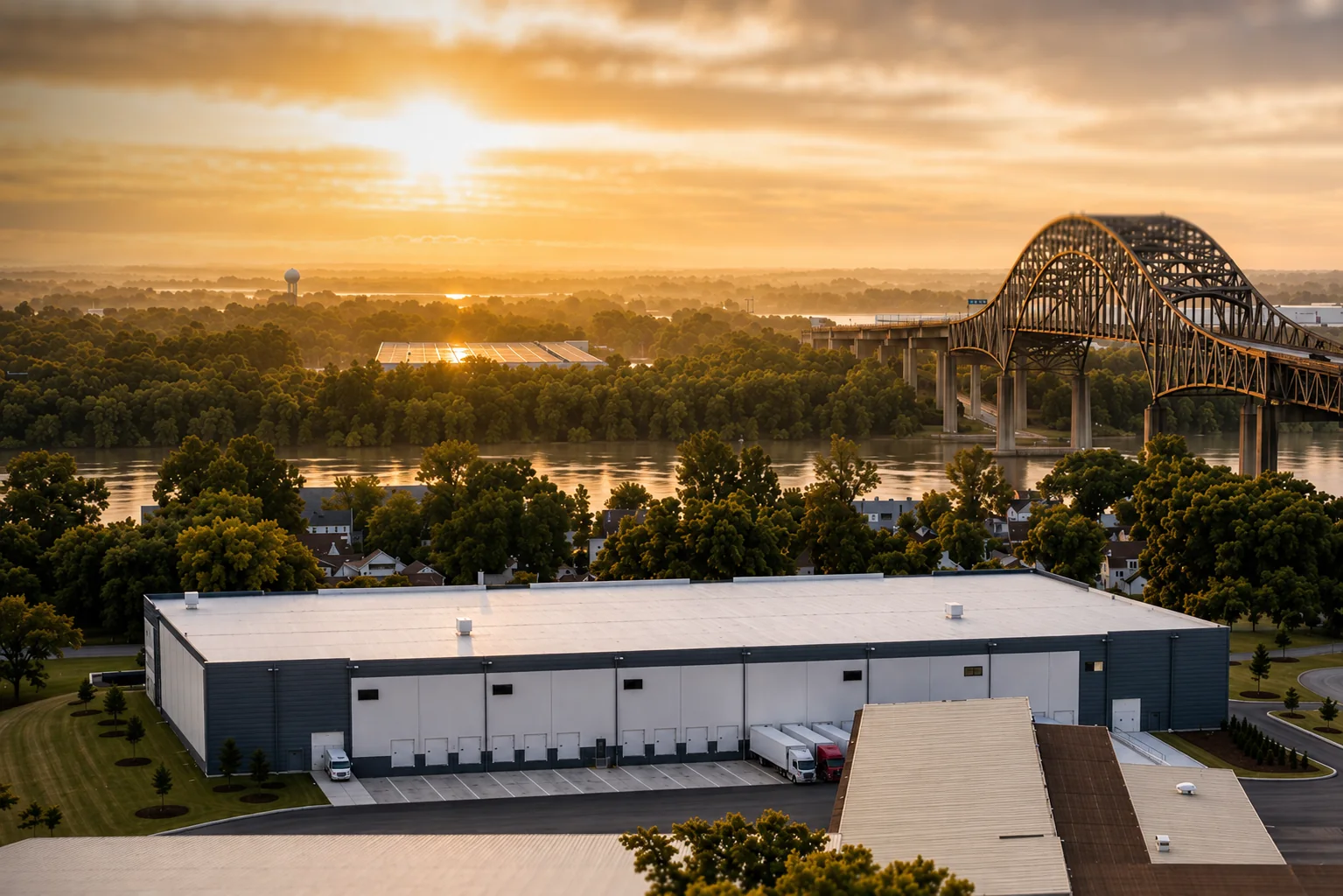 Industrial property at sunrise